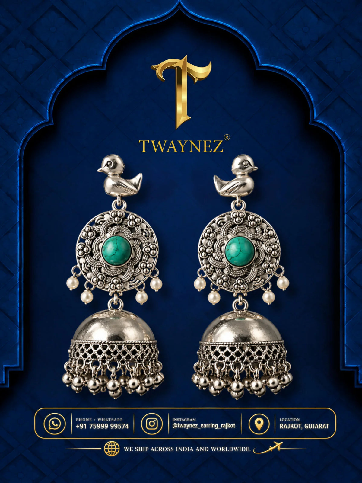 TWAYNEZ® Bird Motif Oxidized Jhumka Earrings