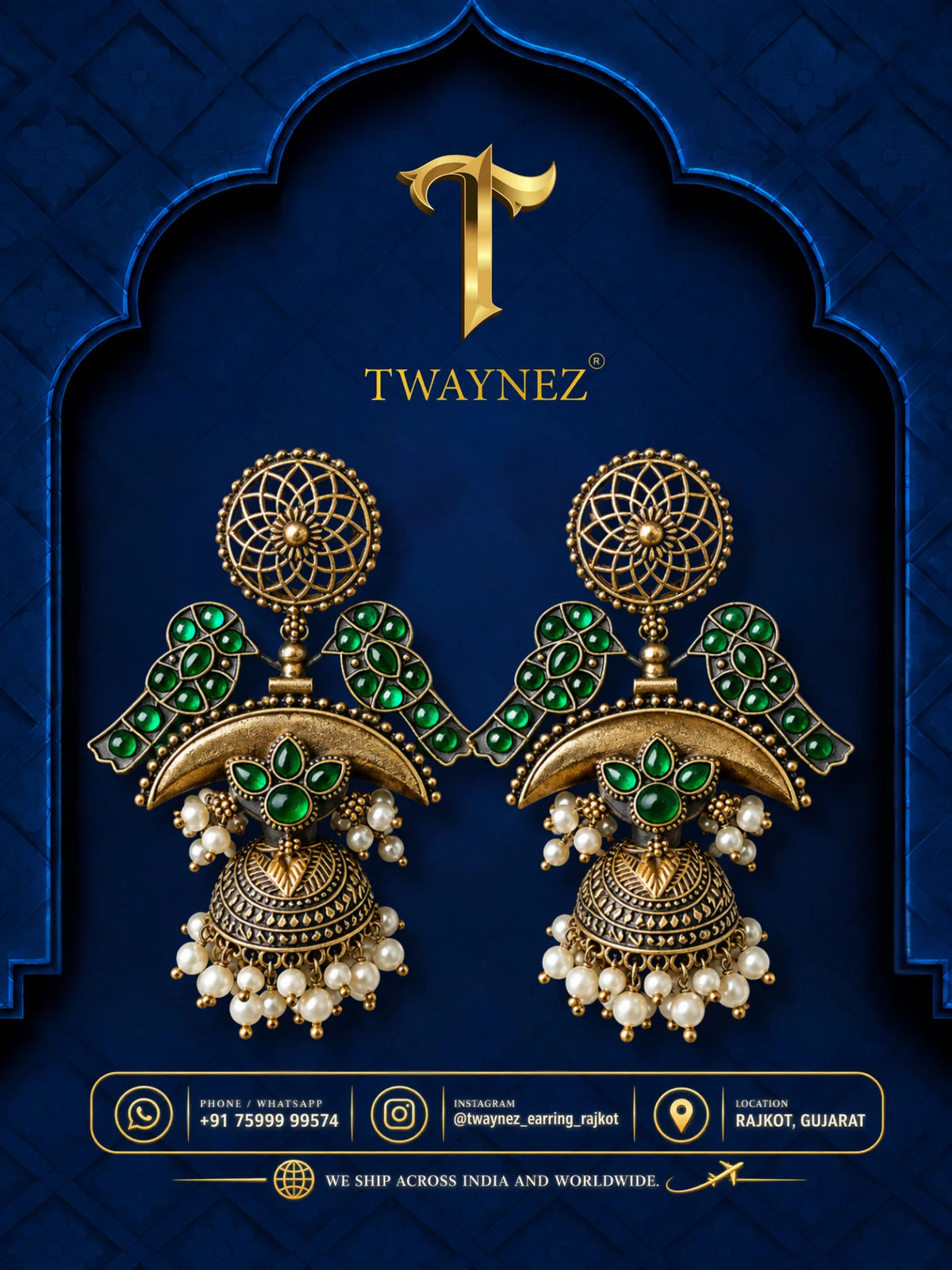 TWAYNEZ® Green Stone Peacock Jhumka Earrings