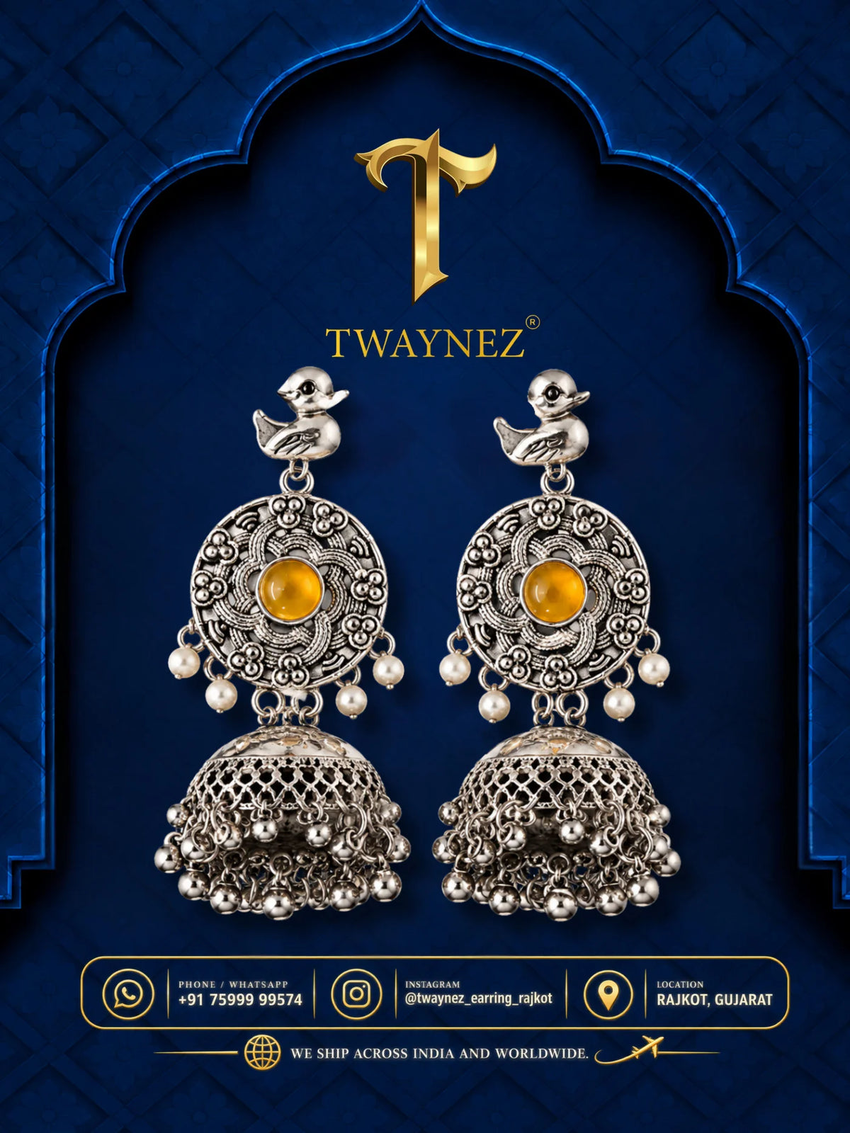 TWAYNEZ® Bird Motif Oxidized Jhumka Earrings