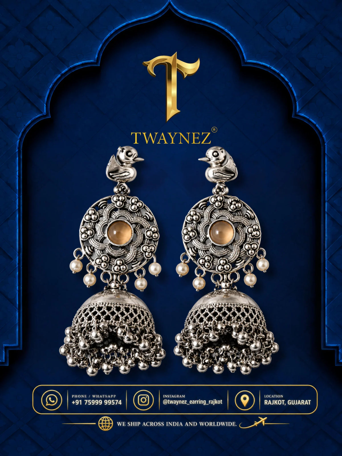 TWAYNEZ® Bird Motif Oxidized Jhumka Earrings