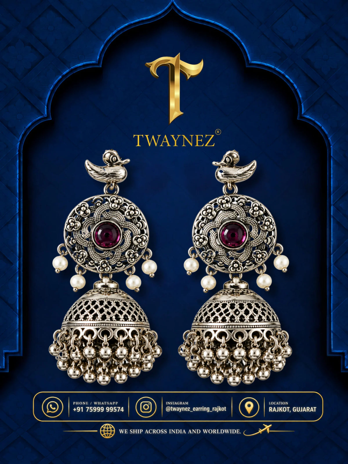 TWAYNEZ® Bird Motif Oxidized Jhumka Earrings