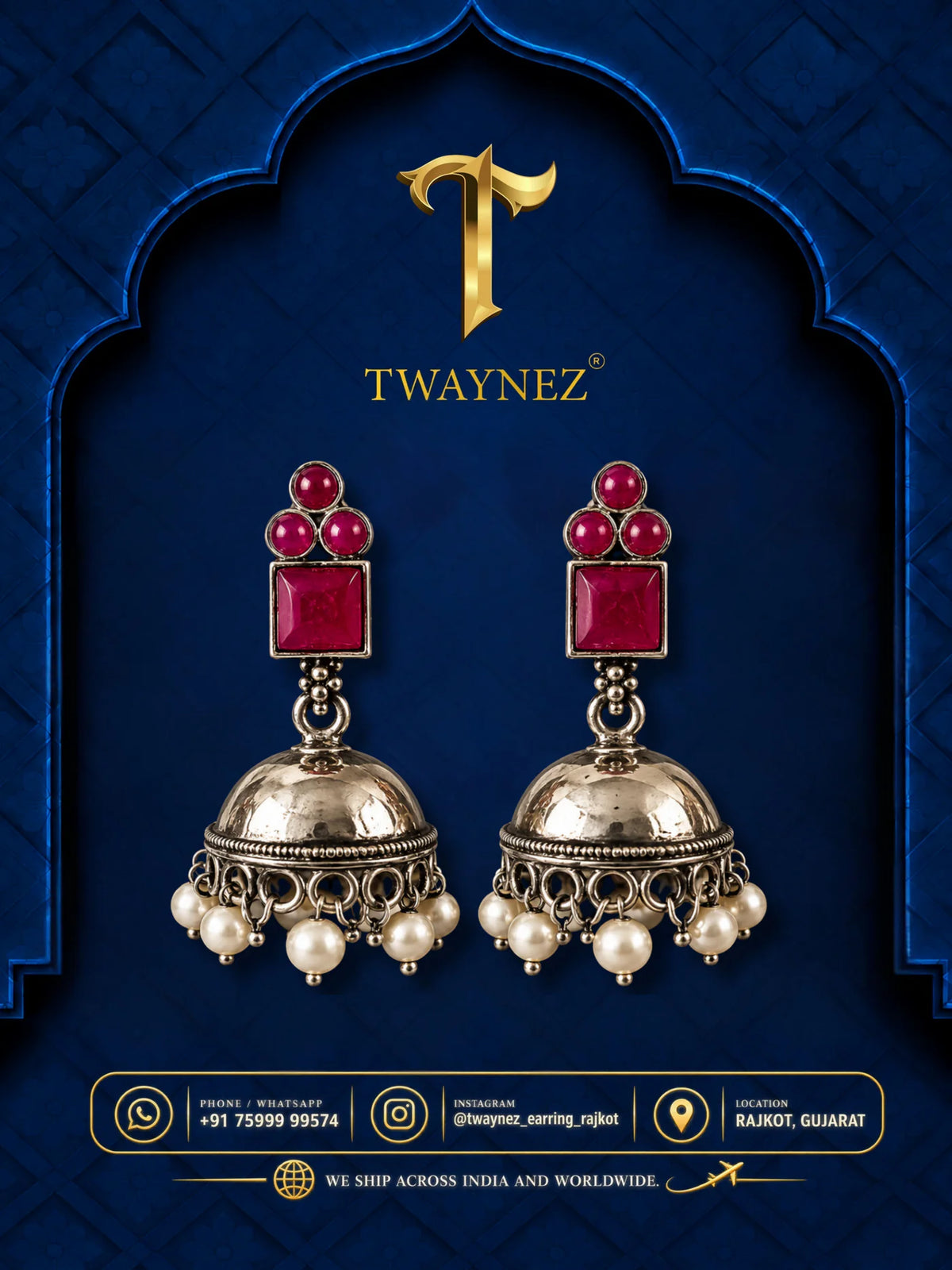 TWAYNEZ® Ruby Square Stone Jhumka Earrings