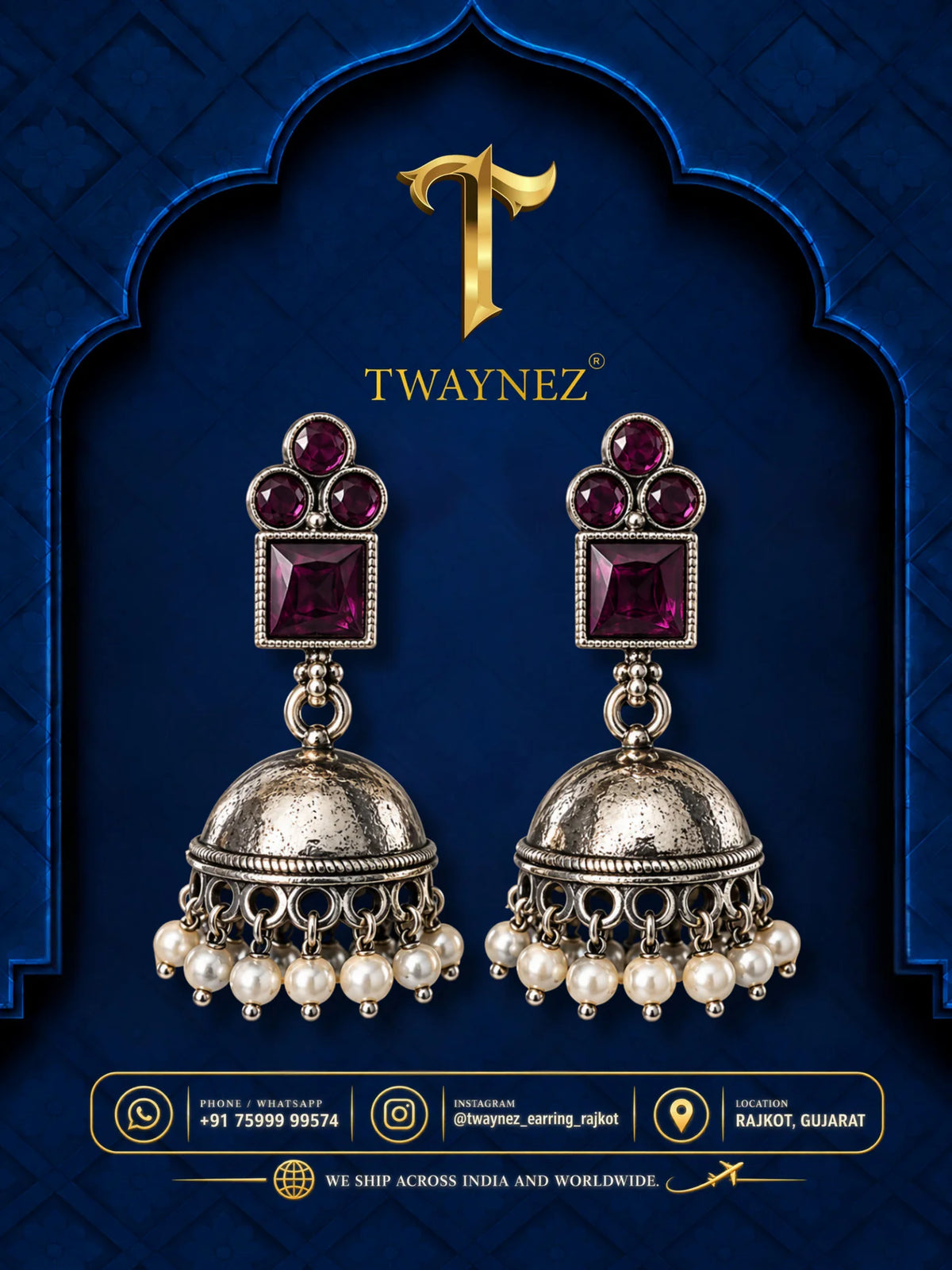 TWAYNEZ® Ruby Square Stone Jhumka Earrings