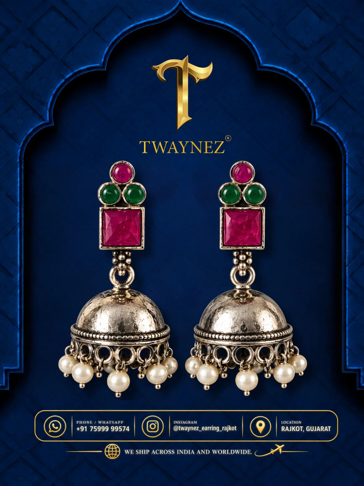 TWAYNEZ® Ruby Square Stone Jhumka Earrings