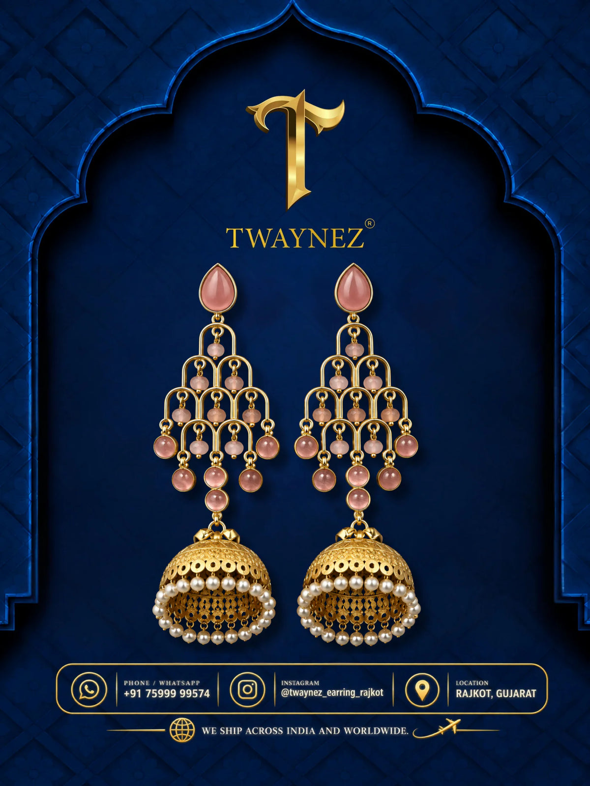 TWAYNEZ® Rose Pink Pearl Jhumka Earrings
