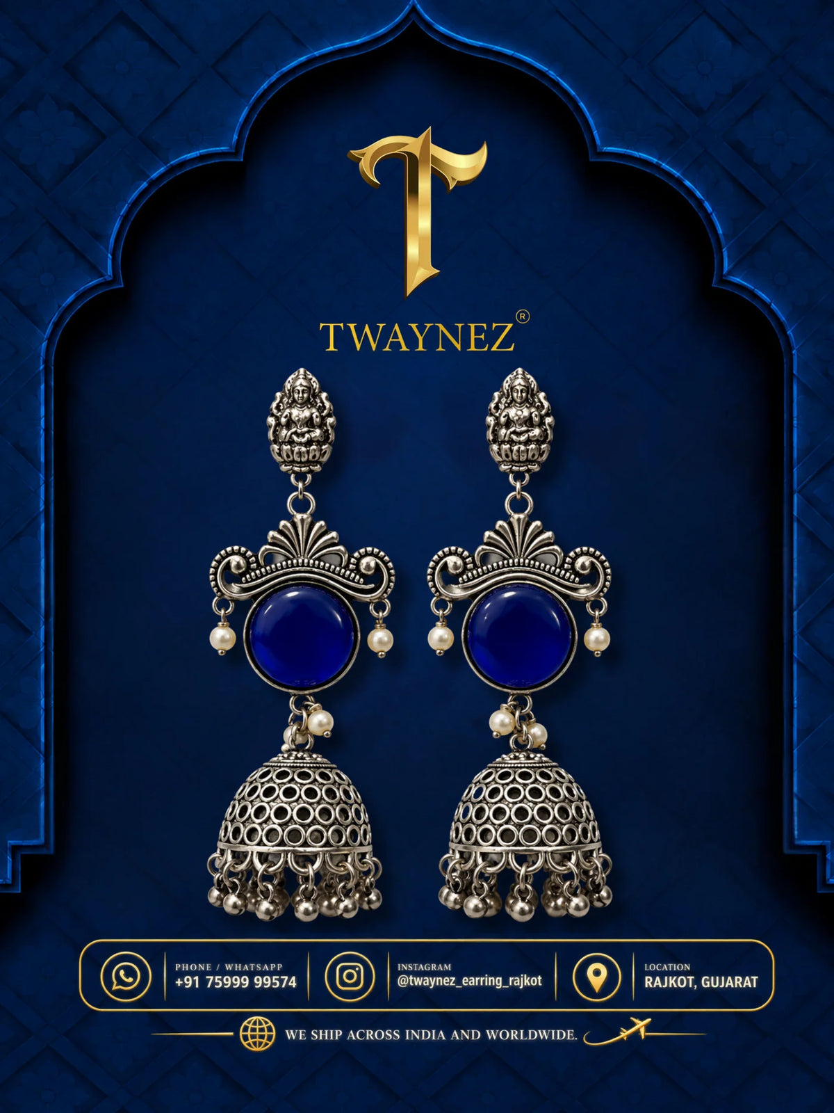 TWAYNEZ® Royal Goddess Blue Stone Jhumka Earrings