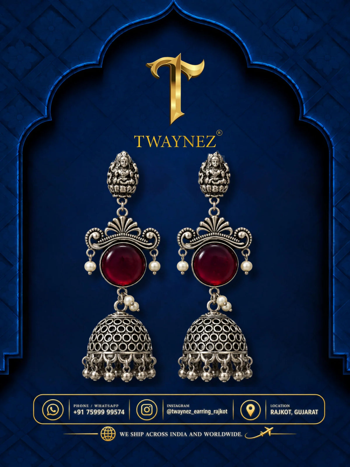 TWAYNEZ® Royal Goddess Red Stone Oxidized Jhumka Earrings