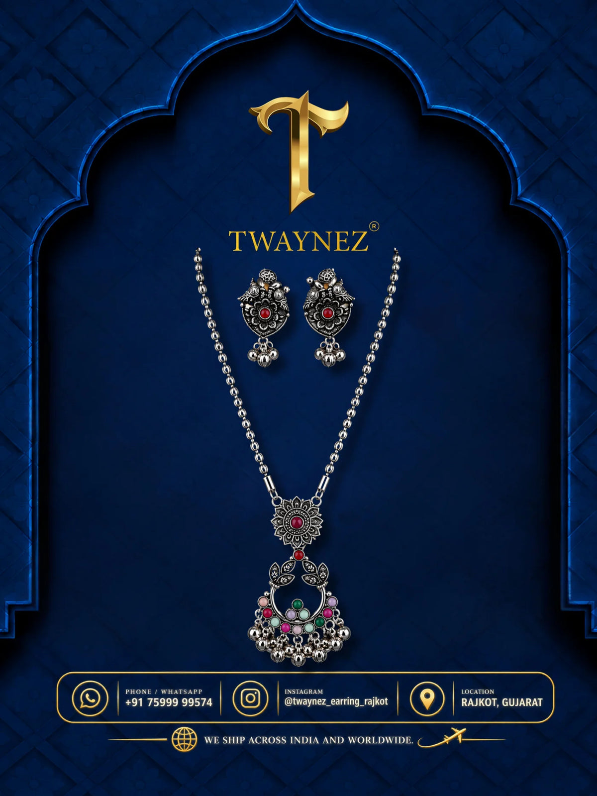 TWAYNEZ® Multicolor Oxidized Floral Necklace & Earrings Set