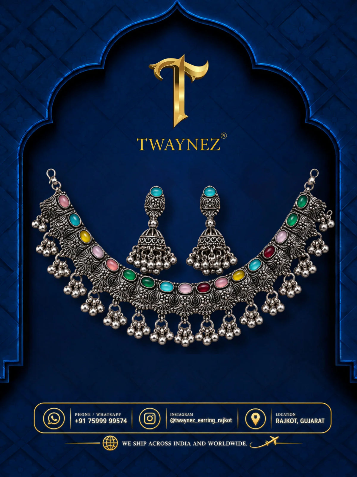 TWAYNEZ® Multicolor Oxidized Necklace & Earrings Set