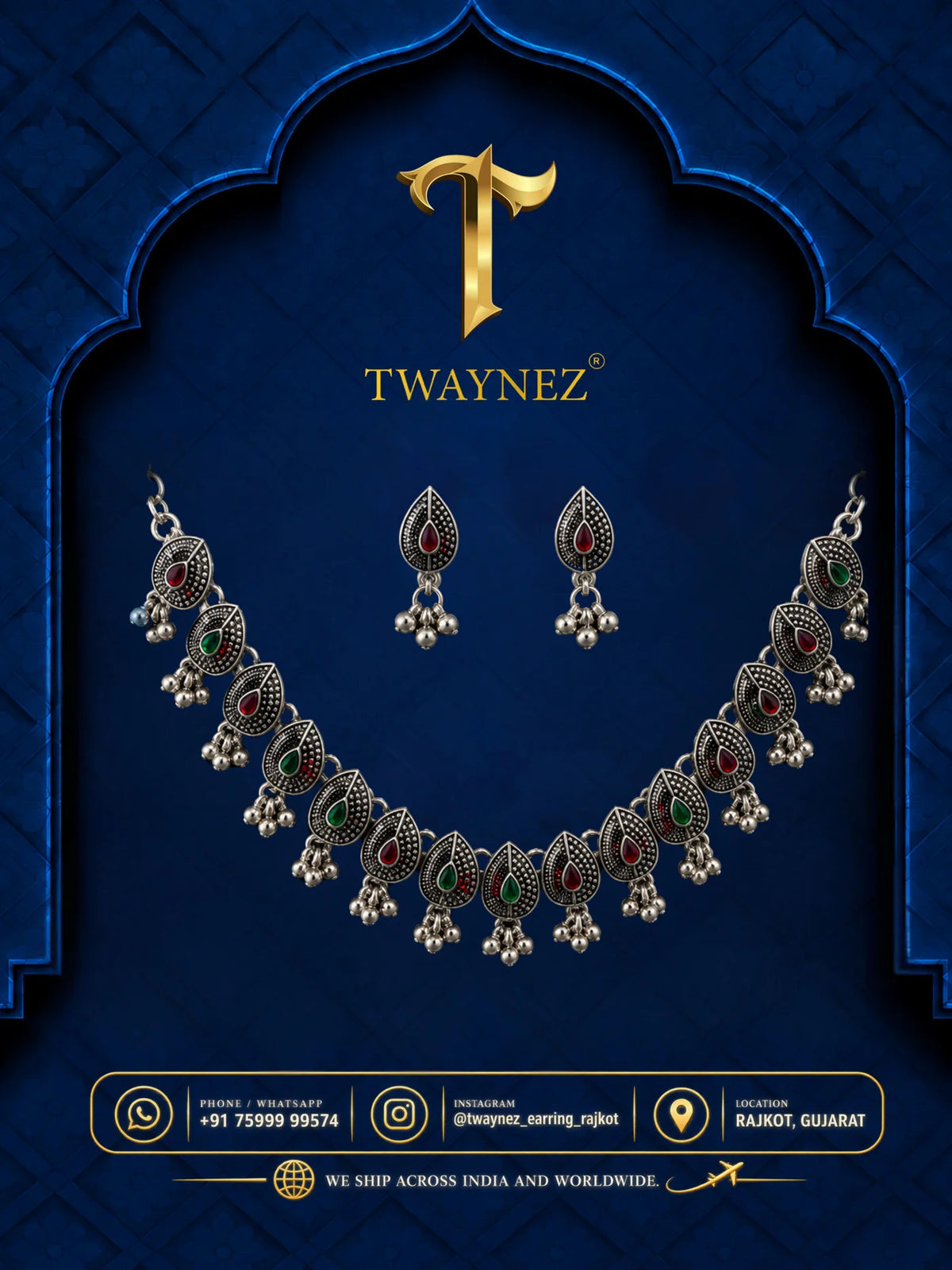 TWAYNEZ® Red & Green Oxidized Necklace Set