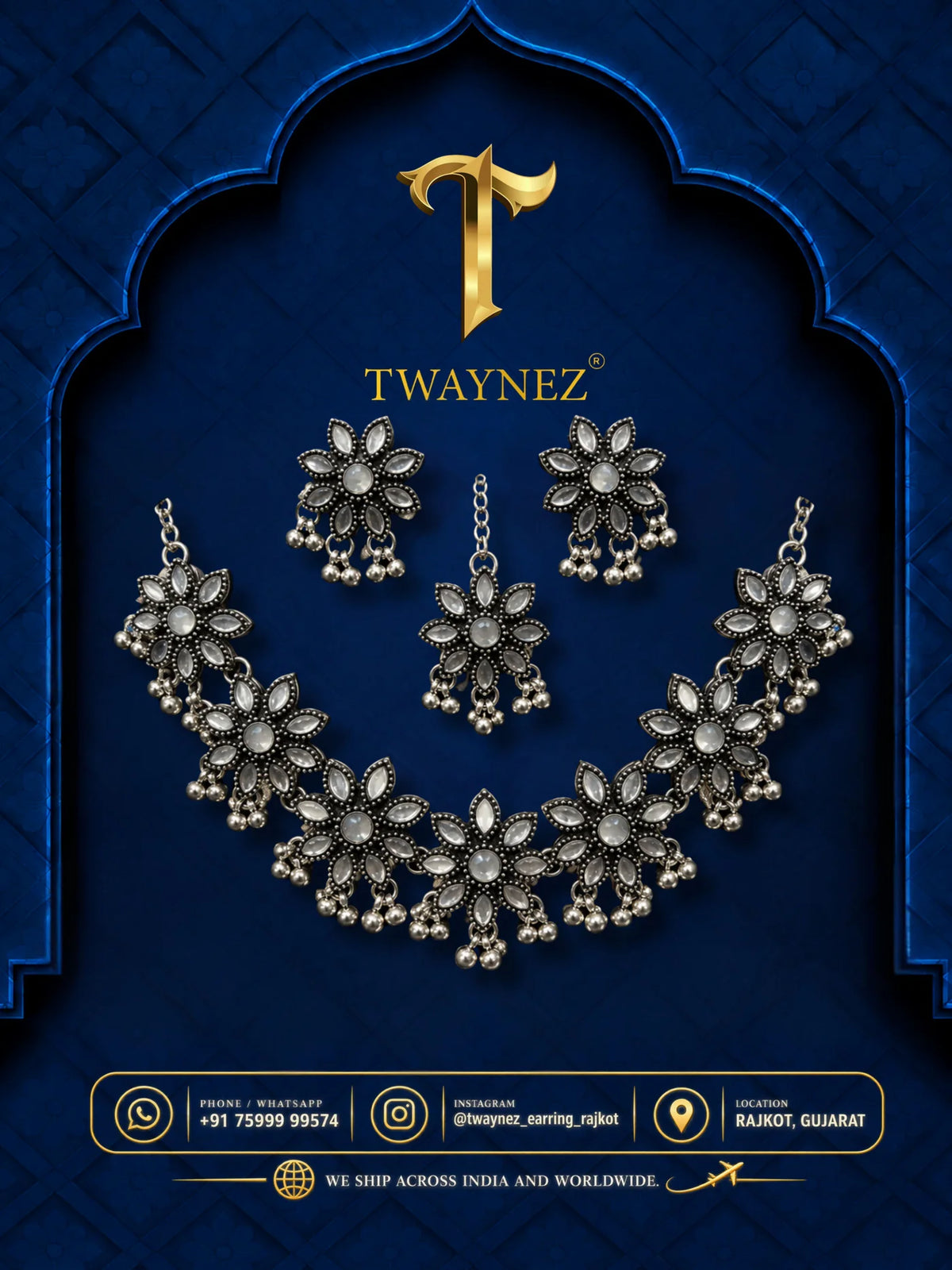 TWAYNEZ® Oxidized Floral Necklace & Earrings Set