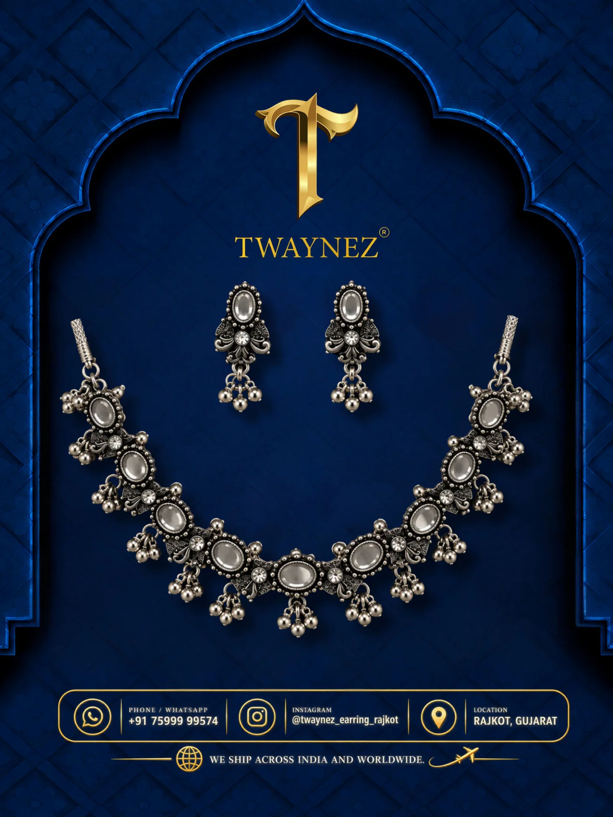 TWAYNEZ® Oxidized Silver Oval Stone Necklace & Earrings Set