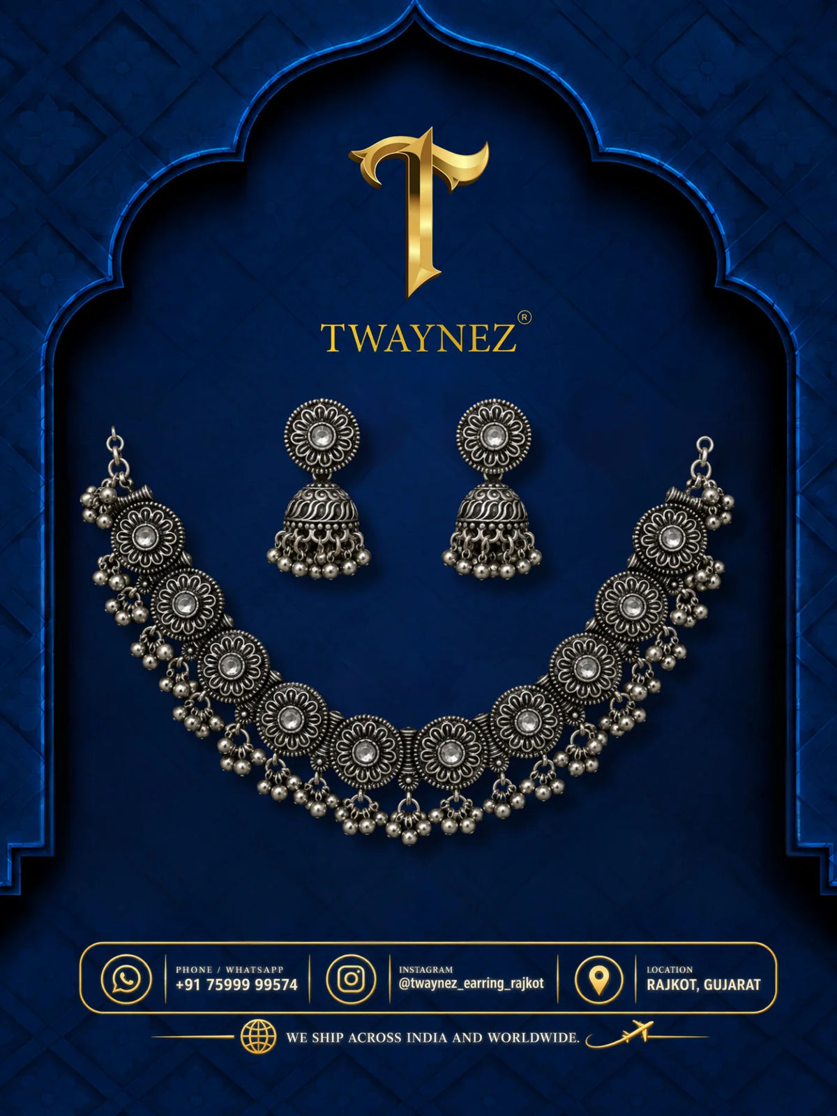 TWAYNEZ® Oxidized Floral Jhumka Necklace Set