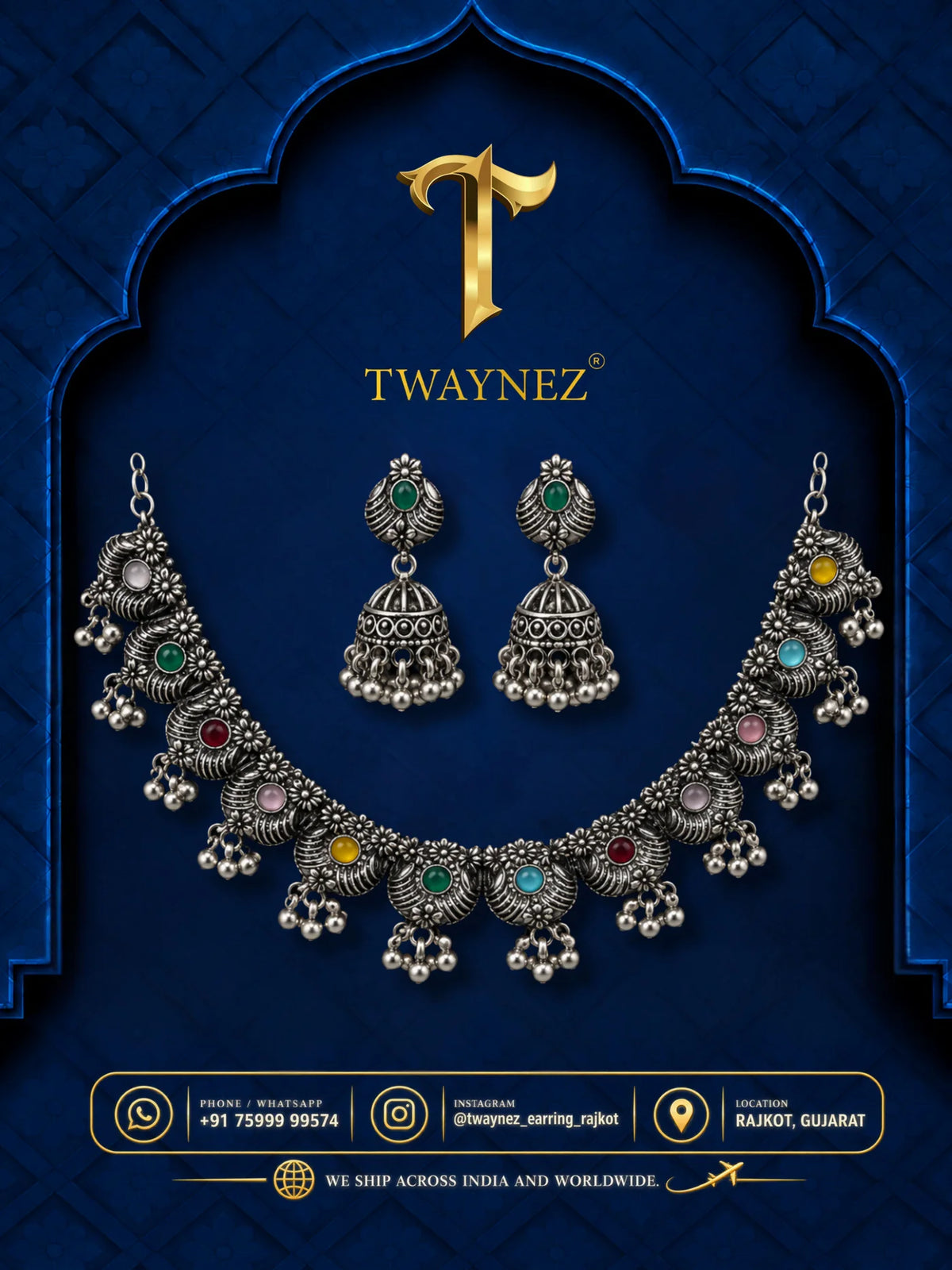 TWAYNEZ® Multicolor Oxidized Jhumka Necklace Set