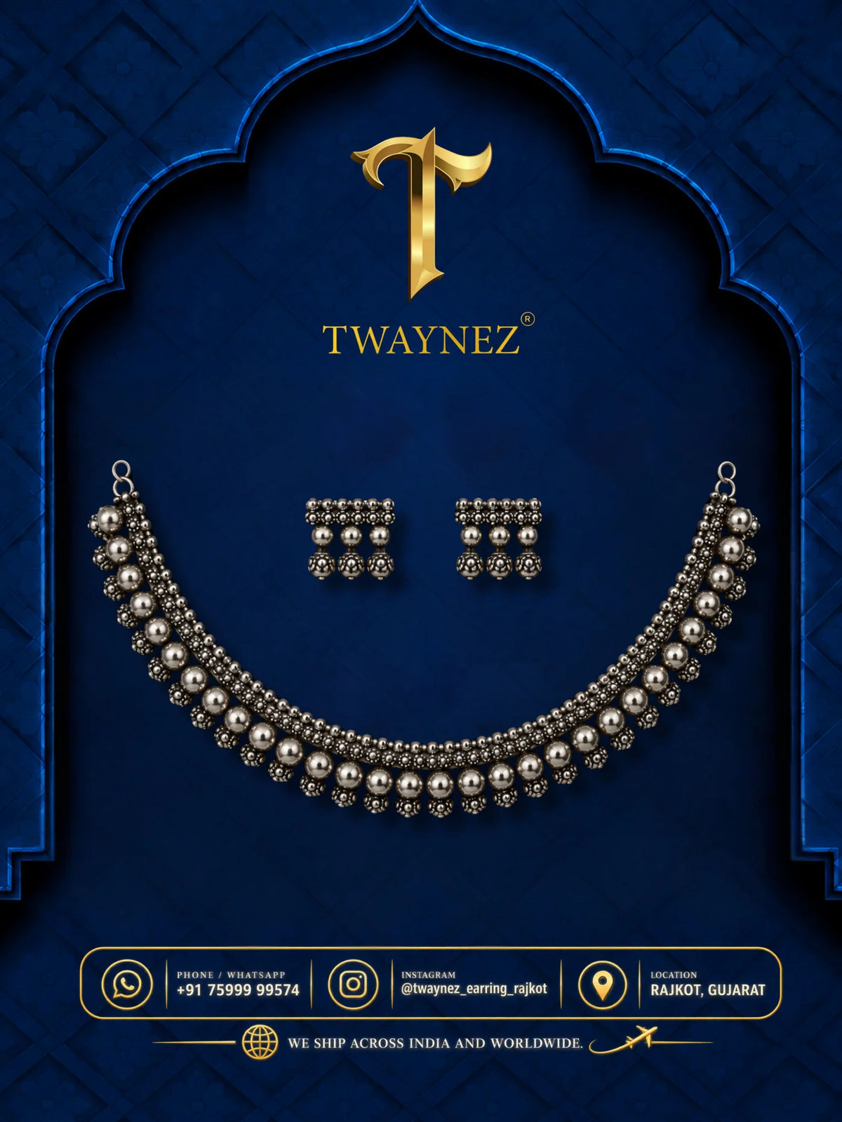 TWAYNEZ® Oxidized Silver Beaded Necklace & Earrings Set
