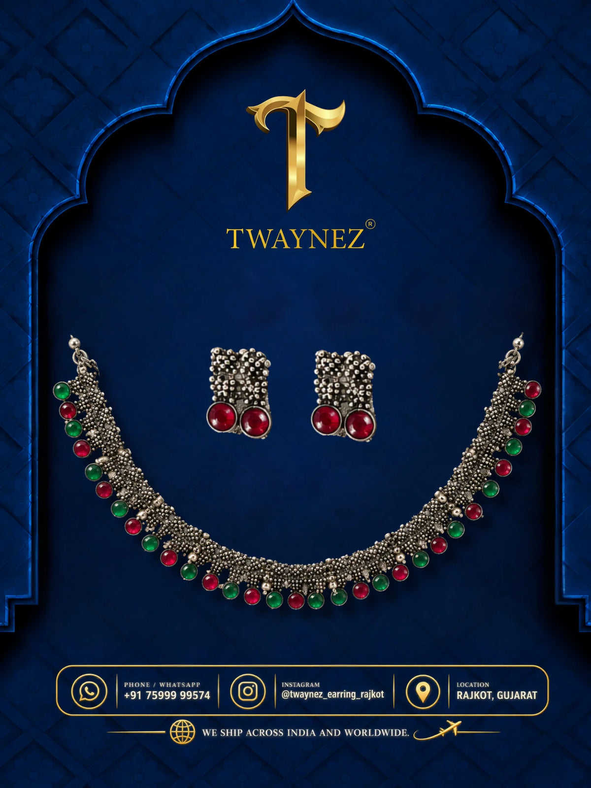 TWAYNEZ® Oxidized Red & Green Beaded Necklace Set