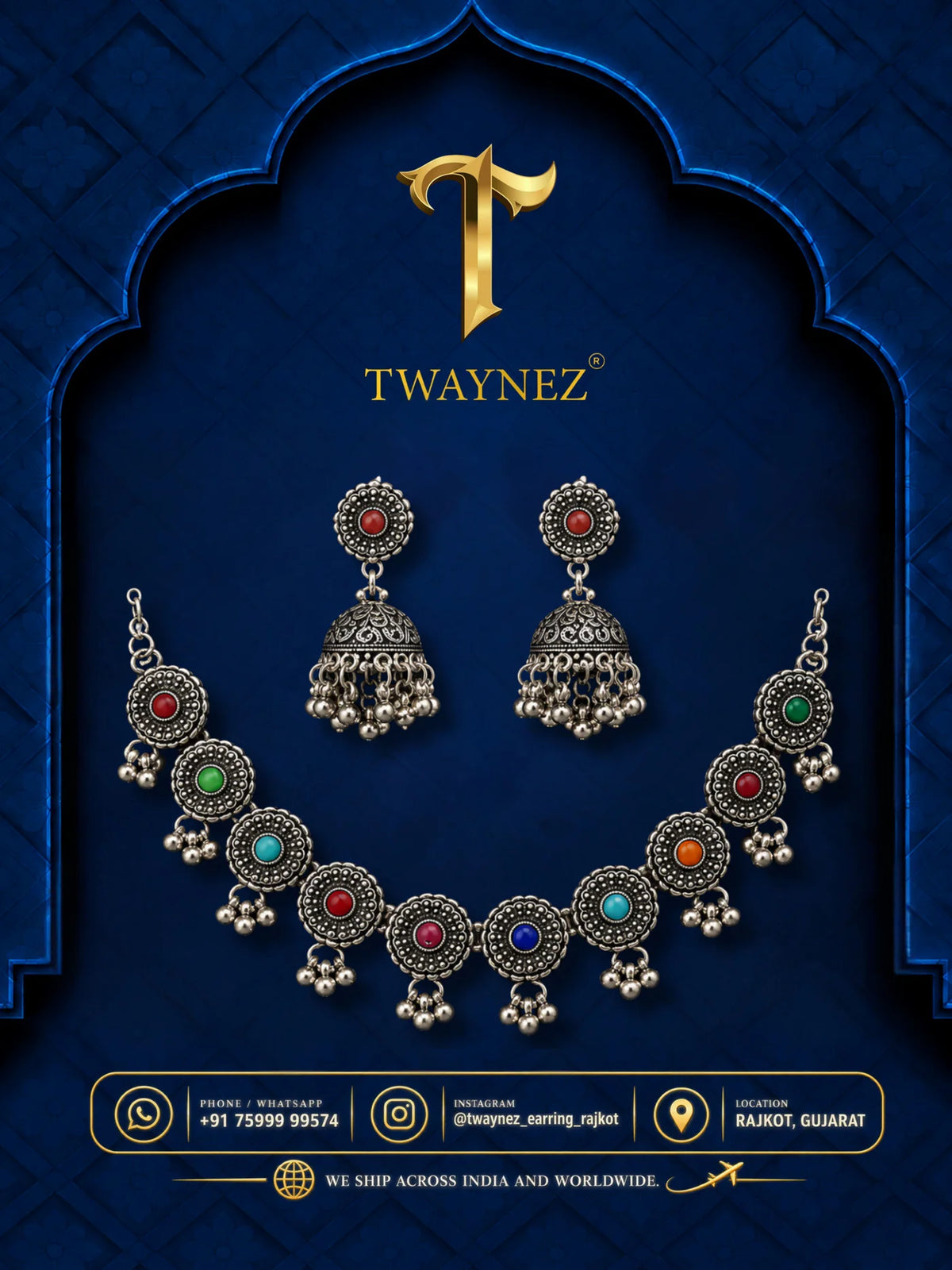 TWAYNEZ® Multicolor Oxidized Jhumka Necklace Set